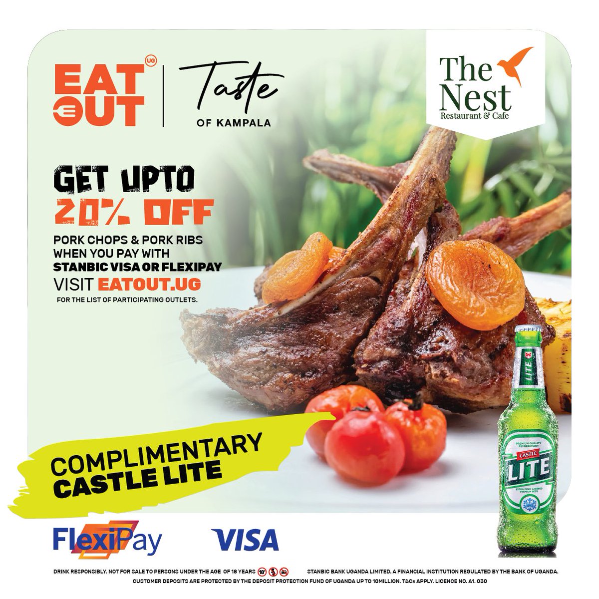 The #Tasteofkampala train keeps rolling on so , Treat yourself to something special @thenest_kla and get a complimentary castle Lite and up to 20% discount when you pay with Stanbic bank Flexipay.