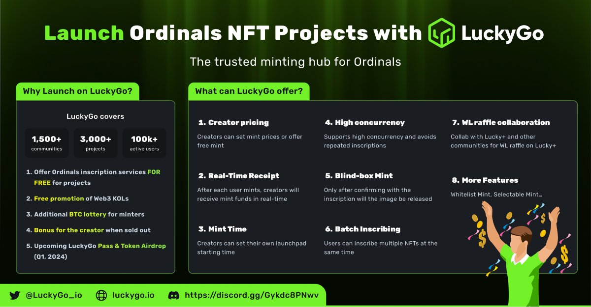 💛Launch Ordinal NFTs with LuckyGo Launchpad!

✅Zero inscription cost for creators!

✅Earn a huge bonus when your collection sold out.

✅Over 1000 USDT raffle pool for minters.

Win big by just minting!

🎟️To get 10*Tickets🎟️
1⃣Comment
2⃣RT &amp; 💛
3⃣Follow <a href="/LuckyGo_io/">LuckyGo</a>
