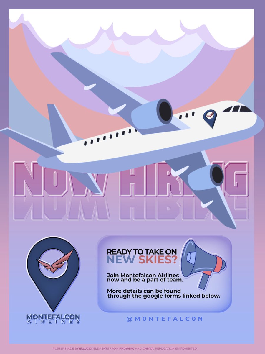 ㅤ
ㅤ    
        MONTEFALCON Airlines aims to propel you to
        new heights as we open  applications  for  an
        additional batch of air crews and ground staffs.

        If you are interested about joining in, check out
        the link below.

ㅤㅤㅤ