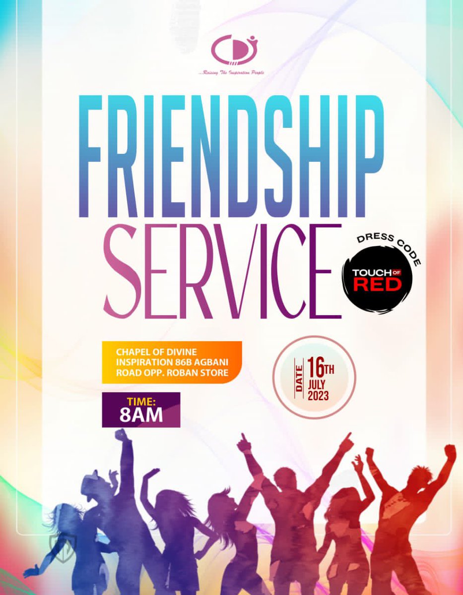 CdiChurch's tweet image. Join us in church tomorrow for friendship service.

Here’s a reason to invite your friends at work, school, home for this special service tomorrow by 8am.

Dress code: A touch of Red

Don’t miss this experience.

#friendshipservice 
#TheCDIChurch