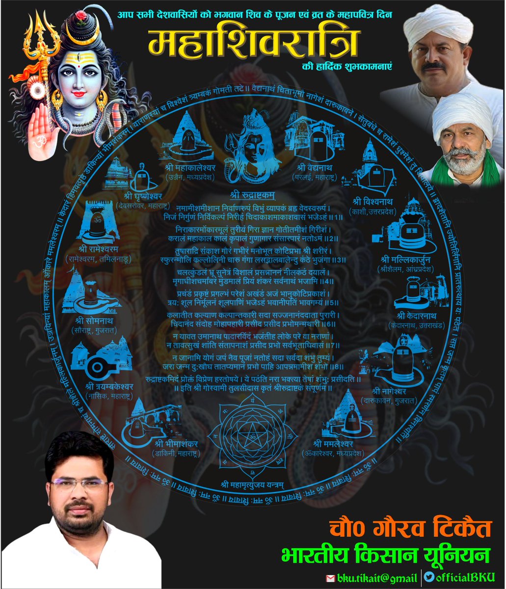 Gaurav Tikait (@gouravtikaitbku) on Twitter photo तुषाराद्रिसंकाशगौरं गभीरं ।
मनोभूतकोटिप्रभाश्री शरीरं ॥
स्फुरन्मौलिकल्लोलिनी चारुगंगा ।
लसद्भालबालेन्दु कण्ठे भुजंगा ॥3॥
आप सभी देशवासियों को महाशिवरात्रि की हार्दिक शुभकामनाएं,भोलेनाथ की कृपा आप सभी के परिवार पर बनी रहे।
#Mahashivratri2023
<a href="/OfficialBKU/">Bhartiya kisan Union</a> तुषाराद्रिसंकाशगौरं गभीरं ।
मनोभूतकोटिप्रभाश्री शरीरं ॥
स्फुरन्मौलिकल्लोलिनी चारुगंगा ।
लसद्भालबालेन्दु कण्ठे भुजंगा ॥3॥
आप सभी देशवासियों को महाशिवरात्रि की हार्दिक शुभकामनाएं,भोलेनाथ की कृपा आप सभी के परिवार पर बनी रहे।
#Mahashivratri2023
<a href="/OfficialBKU/">Bhartiya kisan Union</a>