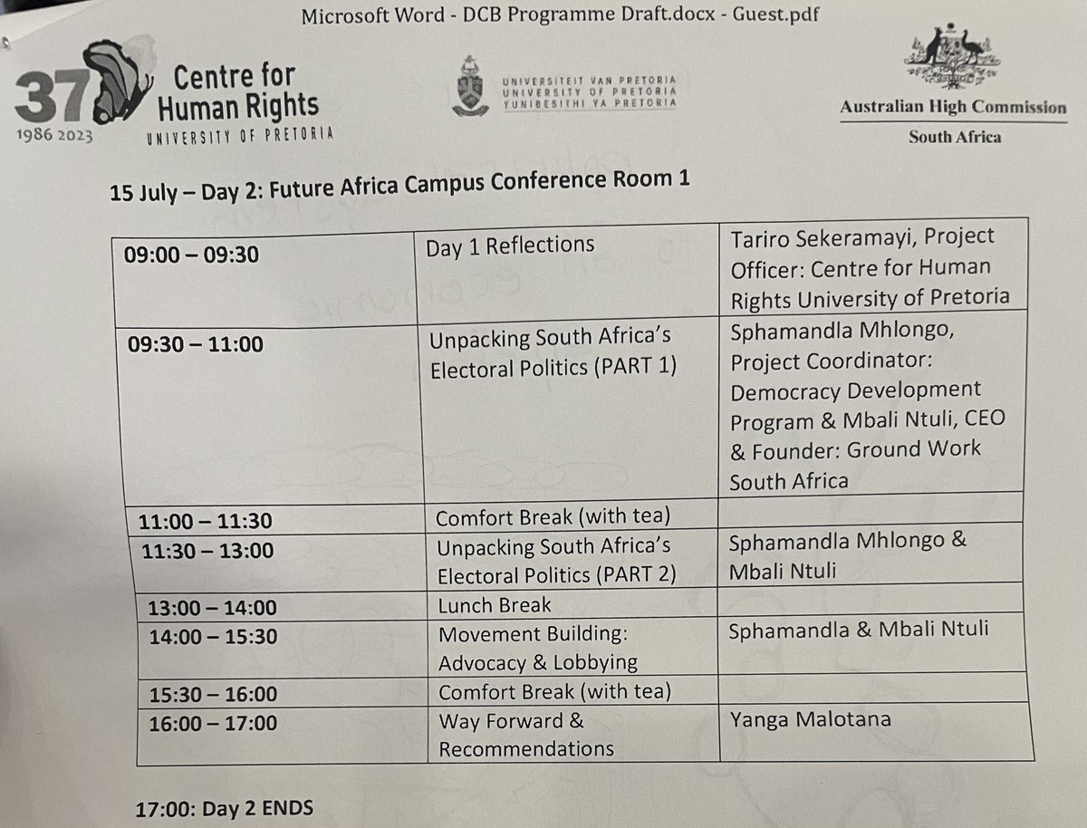 Facilitating a democracy capacity building workshop as a partner of the @CHR_HumanRights & the Australian High Commission @AuHCSouthAfrica . Today I’m facilitating with incredible @SphaNjomane from @DDPdemocracy and we are focusing on Electoral politics, Advocacy, lobbying and…