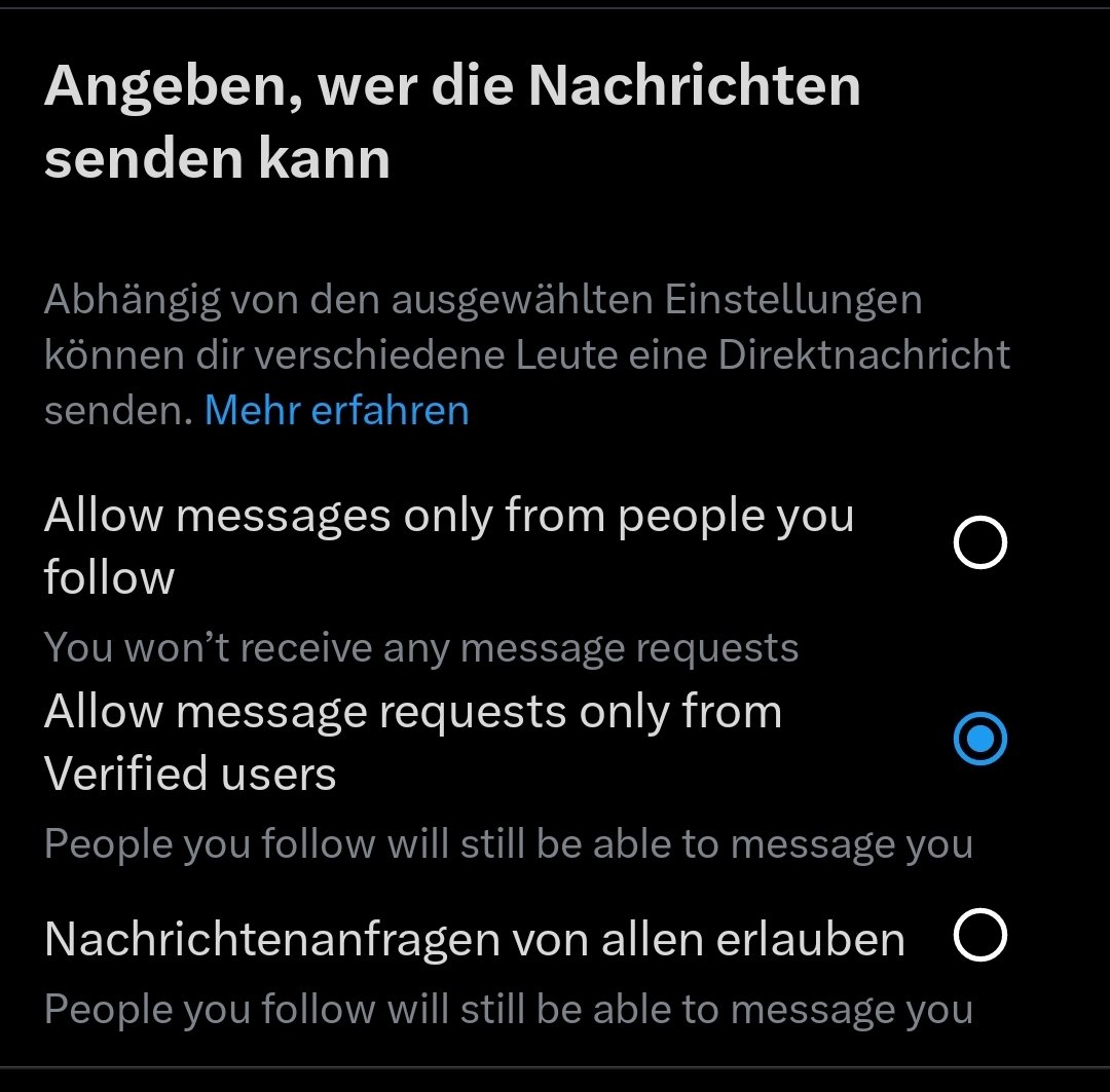 Twitter hat unsere DM Einstellung auf "Nur verifizierte User" umgestellt.👇