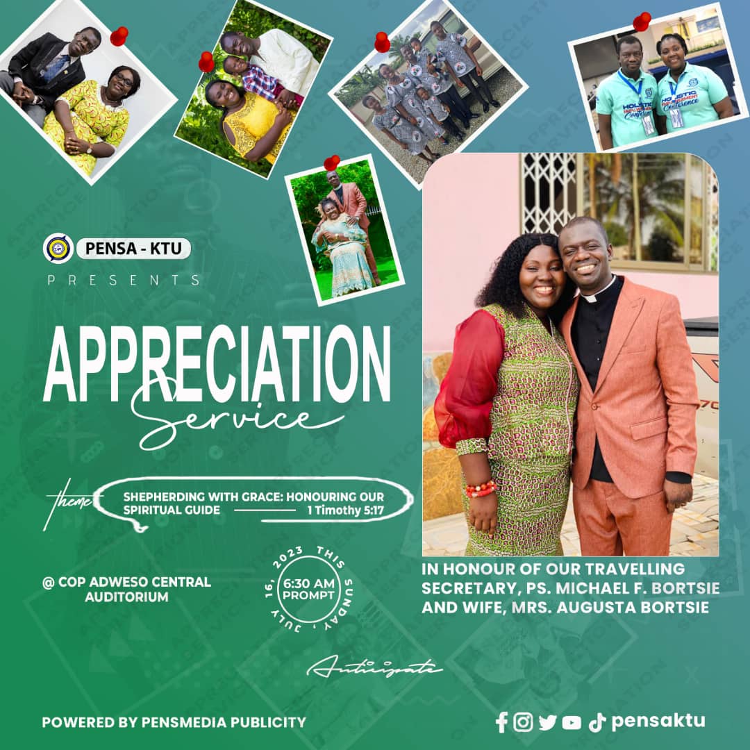 pensaktu's tweet photo. People of God, the time has come for a farewell service of our Daddy, Ps. Michael F. Bortsie and family.Join us this Sunday as we appreciate them for their good service to God and to the Pensa KTU Body

���� Sunday July 16,2023
🕛 6:30am - 9:00am
📍Adweso Central Auditorium https://t.co/uNZX7MkDrW
