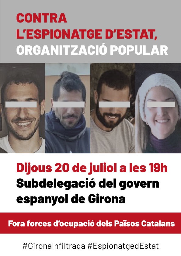 Aquí no s'arronsa ningú. Aquest proper dijous concentració davant la delegació del govern español per denunciar la infiltració policial al moviment popular organitzat.
#GironaInfiltrada 
#EspionatgedEstat