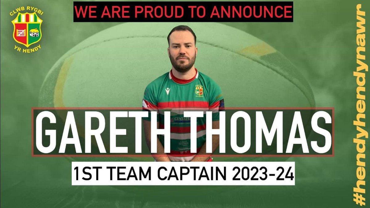1st Team Captain 2023/24

Following last nights player's meeting we are delighted to announce that Gareth Thomas was voted as captain of Yr Hendy RFC 1st team for the forthcoming Division One West 2023/24 campaign.

Congratulations <a href="/Gar_thom/">Gareth Thomas</a> 🤝🏼

#hendyhendynawr #greenarmy