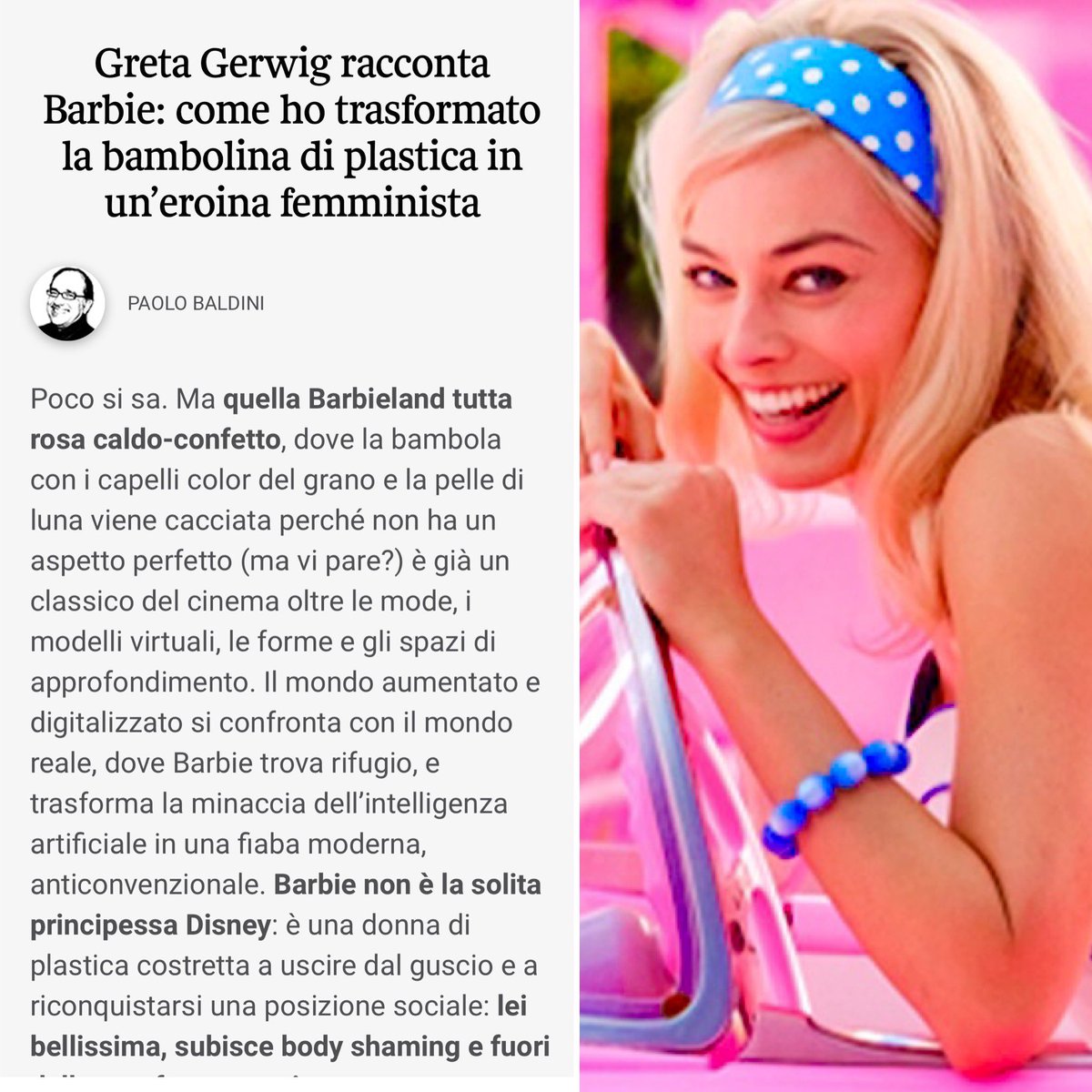 pabaldini's tweet photo. 🔴 #MarilynMag @Corriere @pabaldini 🌍 Dal 20.07  #BARBIE @wbpictures @WarnerBrosIta con #MargotRobbie e #RyanGosling 🛎 guarda il trailer https://t.co/h0Yx6uEQ3V 📇 leggi il post #DigitalEdition #RassegnaStampa e su #TheObserverMagazine l’intervista alla regista #GretaGerwig 🎬 https://t.co/MHifwDwqHd