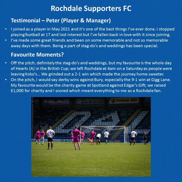 If you’re a Dale fan who follows the club home and away, then this is for you! 

Games are played on Saturday mornings against other supporter teams based on where Dale are playing so we can make the 3pm KO. 

Reply/DM if interested 💙