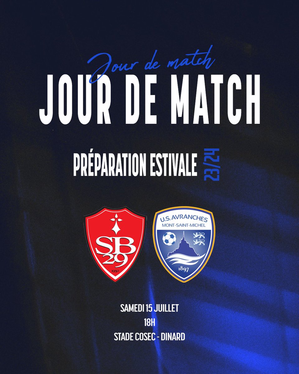 Jour de match avec la deuxième rencontre de la 𝗽𝗿𝗲́𝗽𝗮𝗿𝗮𝘁𝗶𝗼𝗻 𝗲𝘀𝘁𝗶𝘃𝗮𝗹𝗲 face au <a href="/SB29/">Stade Brestois 29</a> 🔵⚪️

📍 Dinard - Stade Cosec 
🆚 Stade Brestois 29
⌚️ 18h

#USAvranchesMSM #TeamUSAMSM #football