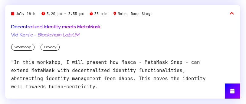 Masca will be at <a href="/EthCC/">EthCC - Ethereum Community Conference</a> !

On Jul 18 at 3:20 PM, there will be a workshop titled, "Decentralized identity meets MetaMask," where <a href="/vidkersic/">Vid kersic.eth 🦇🔊</a> will showcase how to use and integrate Masca into dApps. Don't miss it!

There are also some cool stickers available, so find us around 👀