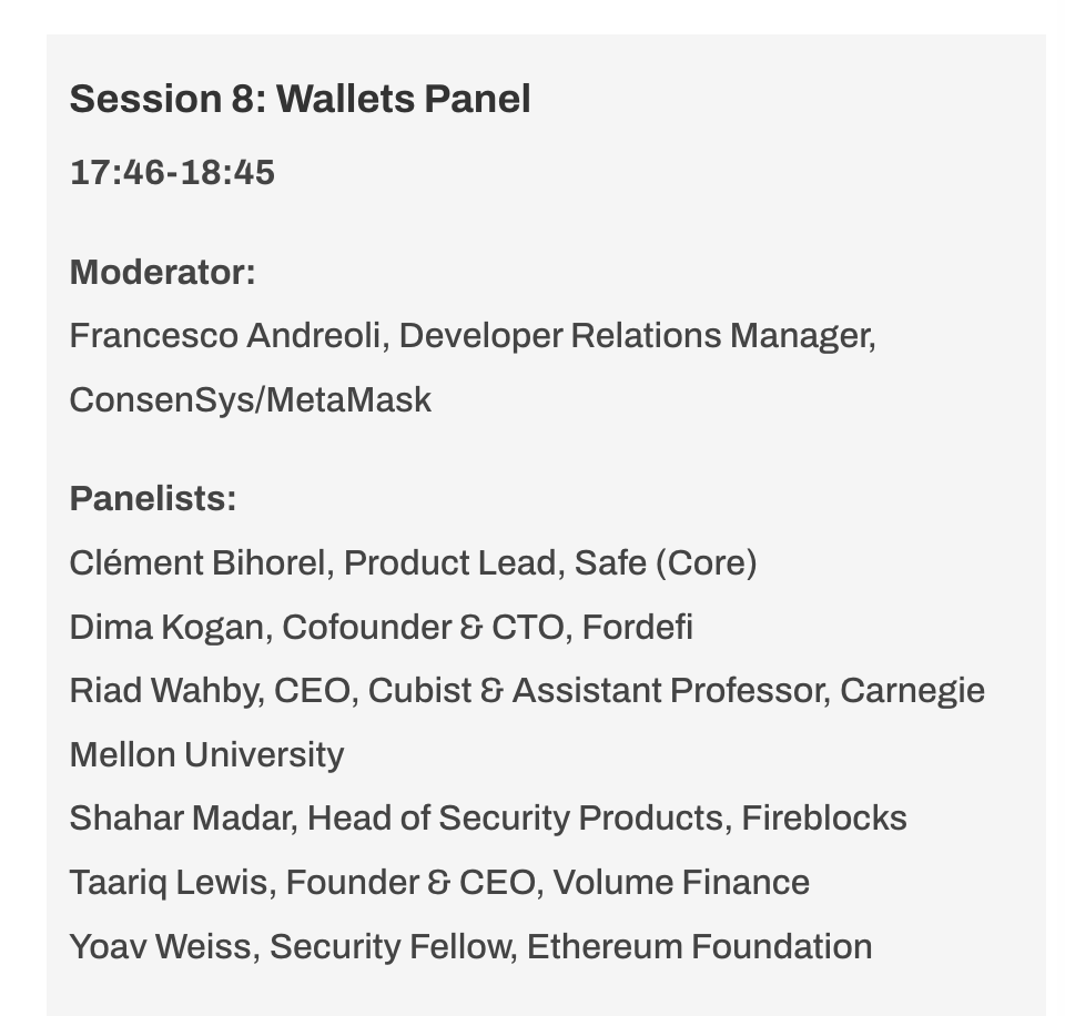 francescoswiss's tweet photo. 🔓I am sooooooo looking forward to our discussion today at @summit_defi on #DeFi wallet security before @EthCC and the many events from @Consensys and @MetaMaskDev! 

Here's a sneak peek into the topics I will try to cover:
🔐 Role of wallets in DeFi & hyper-scaling security 
🛡️ Measures to enhance wallet security 
🔓 Mitigating vulnerabilities & real-world examples 
🌐 Emerging tech for better security 
🤝 Institutional vs. consumer wallets 
💼 Unique challenges for institutions 
🚀 Mass adoption of DeFi & wallet's role 
💡 User education & protection 
🔑 EOA vs. Smart Account Security 
📝 Standardized AA vs. non-standard SCW 
🔗 Benefits of standardized native AA 
🔍 Debating design choices in 4337 

Some super strong panelists in our discussion with 1️⃣
@blockomotive, Product Lead, @Safe, 2️⃣ @DimaKogan, Cofounder & CTO, @FordefiHQ, 3️⃣ Riad Wahby, CEO at @cubistdev & Assistant Professor at @CarnegieMellon 4⃣@Sh4har, Head of Security Products, @FireblocksHQ 5⃣@LewisTaariq, Founder & CEO, @volumefi and the one and only 6⃣@yoavw, Security Fellow, @Ethereum

🔓 Let's unlock wallet security secrets at our #DeFiSecuritySummit panel today!

#CryptoSecurity #ethcc