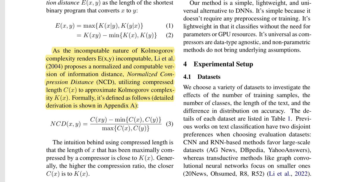 predict_addict's tweet image. There has been a lot of talk on social media about #gzip paper, but it is interesting to see the undue focus on gzip as such and people talking about embeddings etc etc.

The fact of the matter gzip is only used to approximate computation of Kolmogorov’s complexity and the output