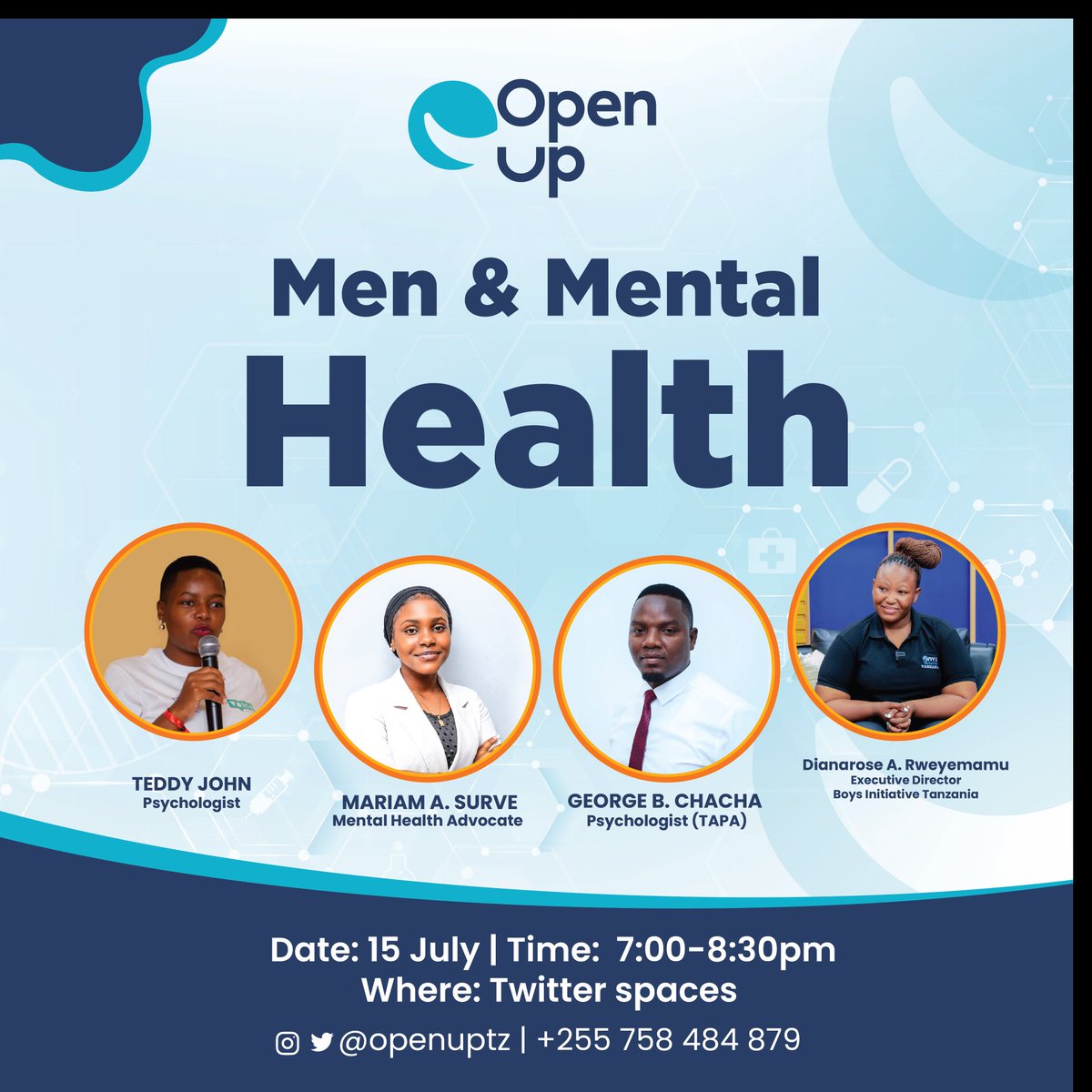 OpenupTz's tweet photo. It's Today!!!! 
Jiunge nasi jioni ya leo tujadili kwa pamoja on matters relating to Men's Mental Health! @JustTherapies @maryam_surveh
@Malezibox @boysinitiative1 https://t.co/V9FOSpicgx https://t.co/e7y7W4ztVI