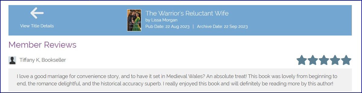 So thrilled with my first #NetGalley review for #TheWarriorsReluctantWife.  Thank you so much Tiffany K! 🥰❤️
#medievalromance #medievalwales #cymrucanoloesol #historicalromance #marriageofconvenience
@MillsandBoon  @HarlequinBooks