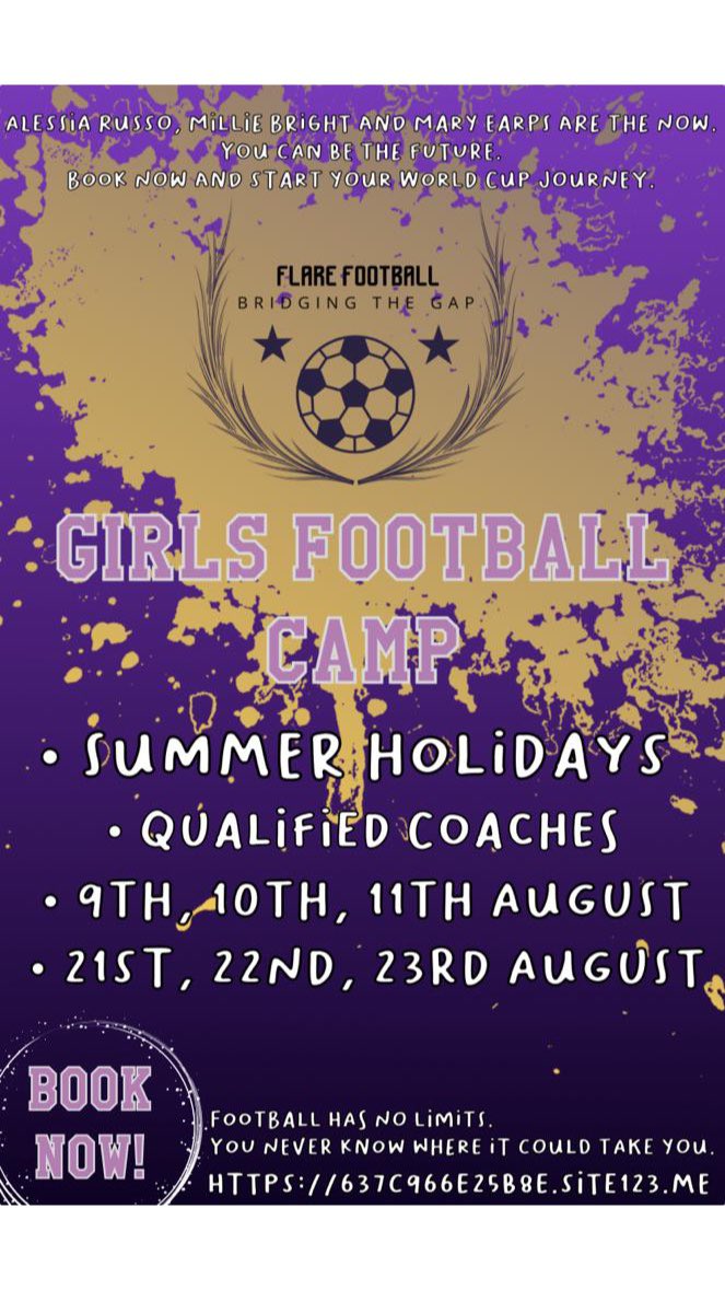 Girls Football Camp.

Venue: Oxford Spires Academy, Glanville Road Oxford, OX4 2AU

Time: 9.00am - 3.00pm 

Age: 5yrs - 16yrs

Cost: £22per day or £60 all 3 days.

Please click link in bio to book or email flarefootballltd@gmail.com

#BridgingTheGap #GirlsCanPlay #WomensFootball
