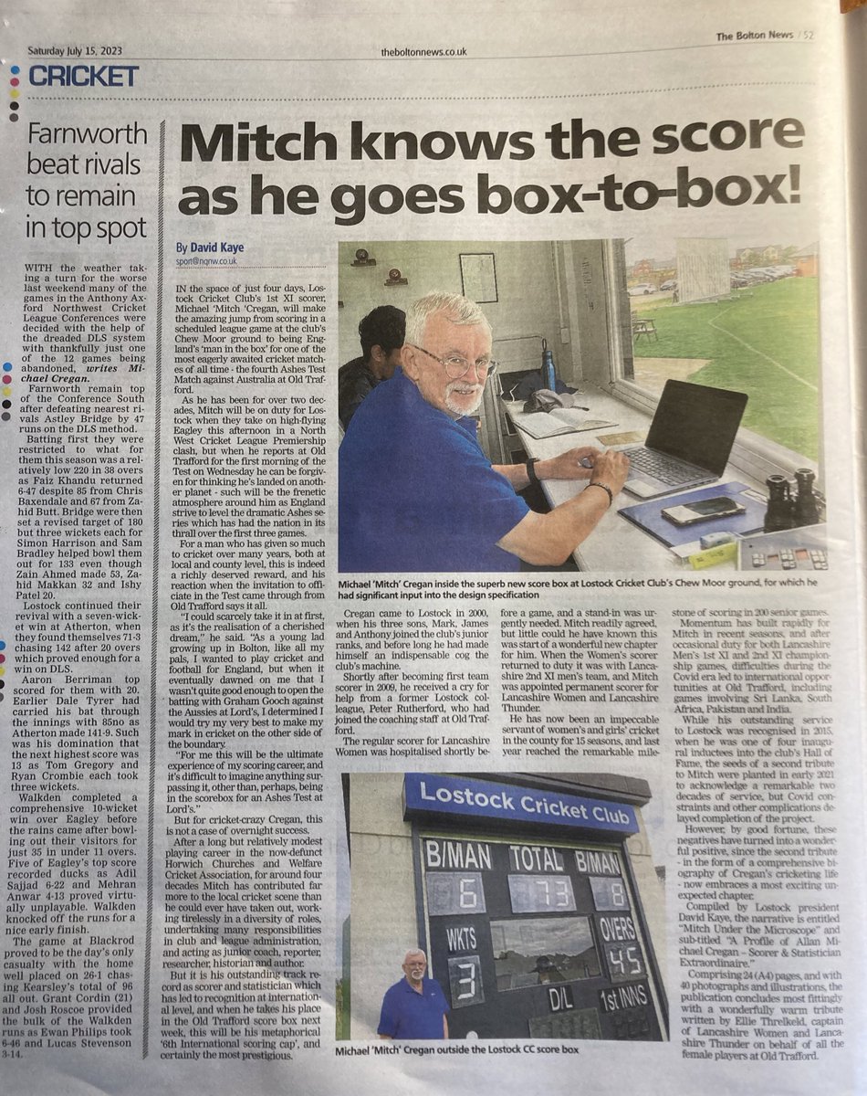 HUGE CONGRATULATIONS from all at LOSTOCK CRICKET CLUB to our 1st XI scorer, MICHAEL ‘MITCH’ CREGAN on his selection as England’s ‘man in the box’ for arguably the most eagerly anticipated cricket match of all time: The 4th ASHES TEST MATCH at Old Trafford starting on Wednesday…