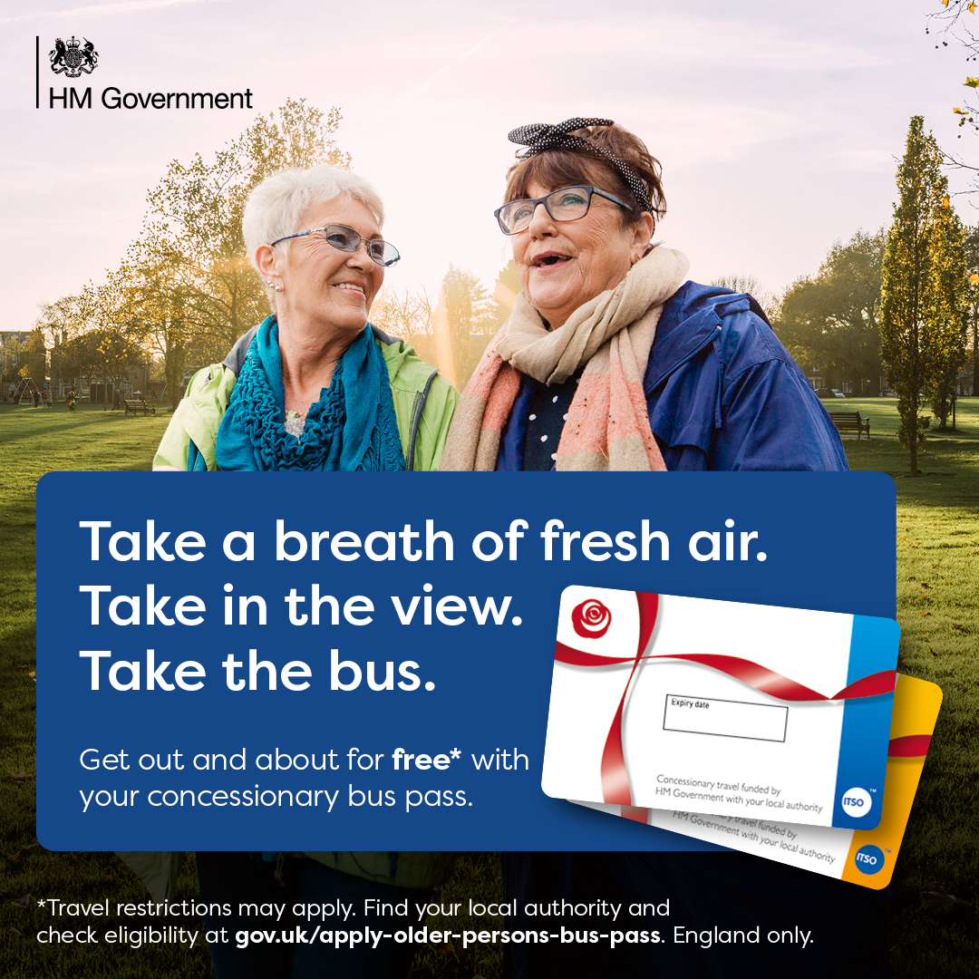 Get out and about this summer!

People aged 66+ or eligible disabled can #TakeTheBus for free with a concessionary pass.

Find out more: gov.uk/apply-older-pe…