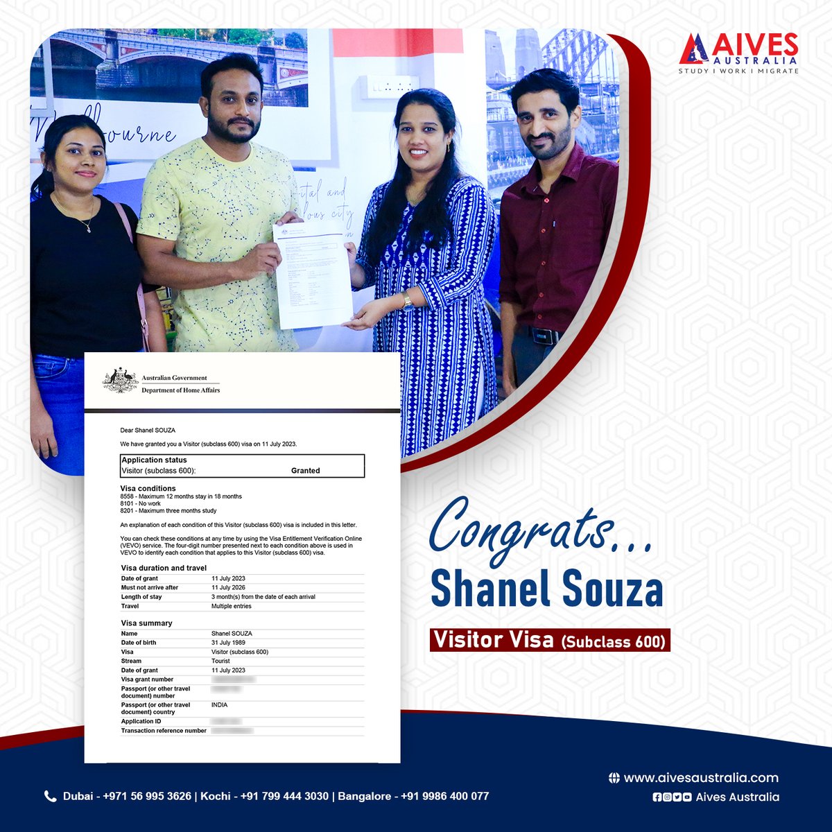 AivesAustralia's tweet image. 𝐖𝐞𝐥𝐜𝐨𝐦𝐞 𝐭𝐨 𝐀𝐮𝐬𝐭𝐫𝐚𝐥𝐢𝐚! So many happy and wonder-filled times ahead for you... Congratulations Shanel Souza, your visitor visa(#subclass600) has been granted by the Australian Govt. Is Australia your dream country? 
Visit us: aivesaustralia.com,+917994443030