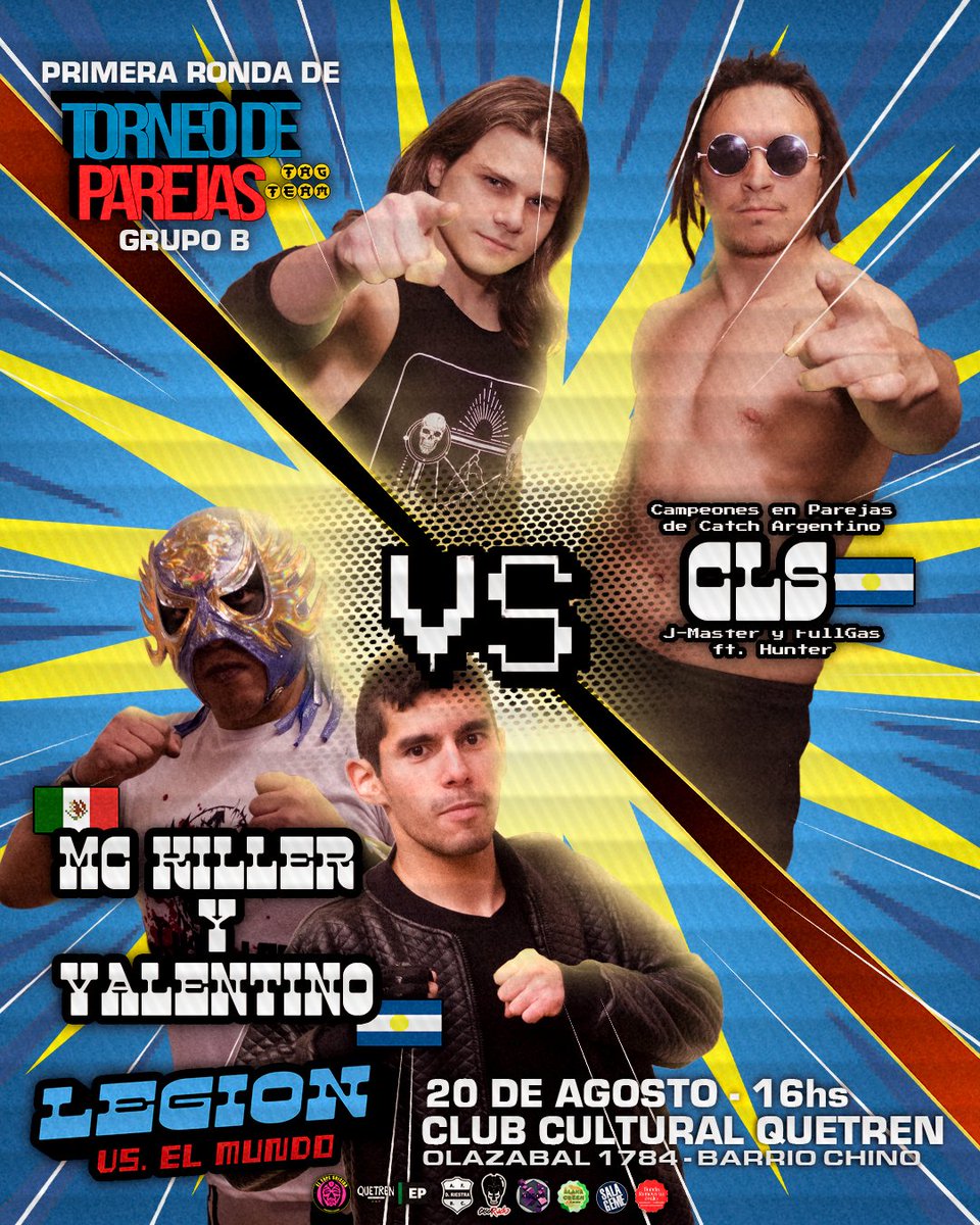 Y así comienza la primera ronda del Grupo B del torneo por los títulos vacantes. Por un lado, los Campeones de Parejas de <a href="/CatchArgentino/">Catch Argentino</a>, CLS (<a href="/PirayCristian/">Cristian Piray ( full gas)</a> y <a href="/J_Master_/">Pibe Jota</a>) y del otro, representando a #México, a #Argentina y al #LegionDOJO, #MCKiller y #Valentino 🇦🇷🇲🇽