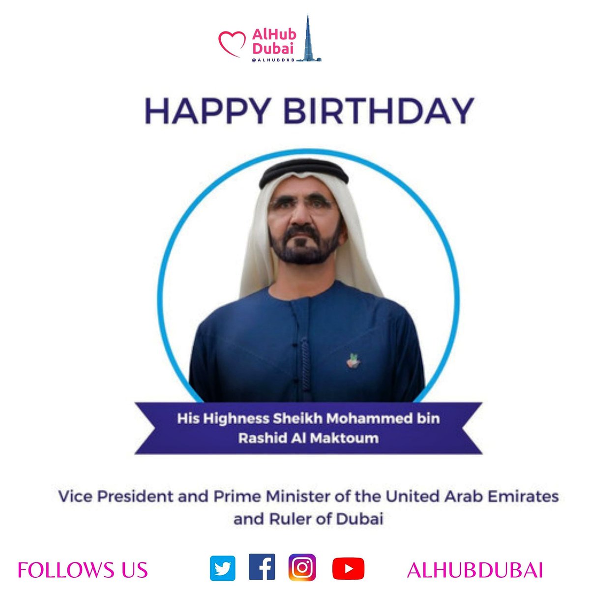 Happy 74th birthday #SheikhMohammed
Today, we honour the achievements and vision of @HHShkMohd, VP and PM of the UAE and ruler of Dubai. Wishing him all the best in the years to come.

Let's honor the vision of His Highness, #SheikhMohammed on his birthday.