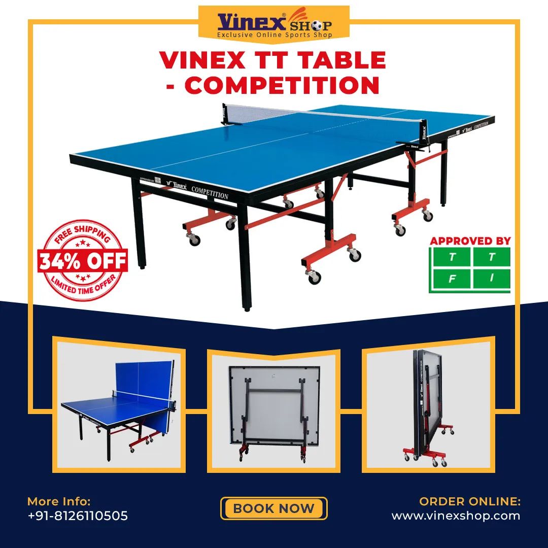 Super Saving Offer! Get an incredible 34% discount and free shipping on the TTFI Certified Vinex TT Table - Competition.  Package includes TT Table, TT Net, Net Clamps, and User Manual. 
Order online now at vinexshop.com/Sports-Fitness… #TableTennisTable #TTTablePrice