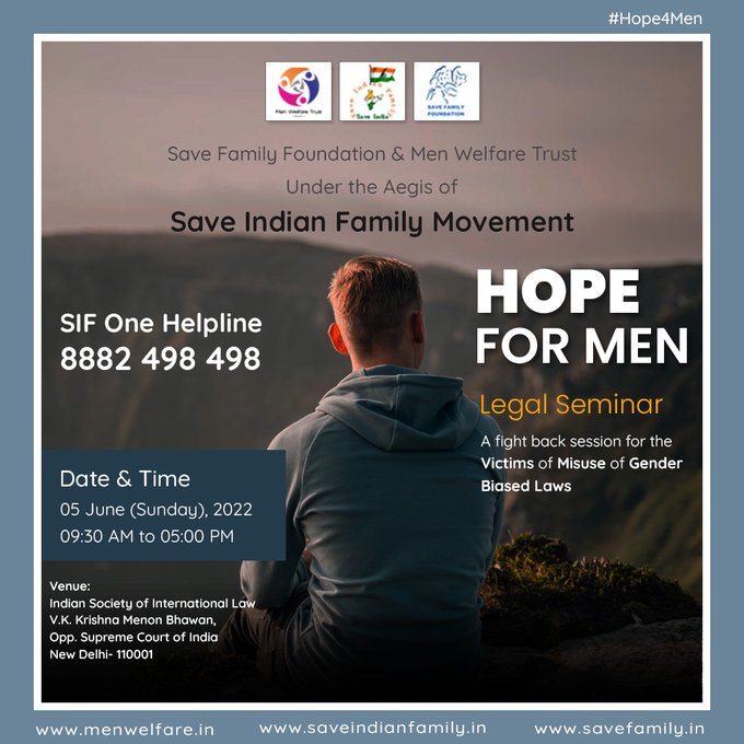 Susheel_Kataria's tweet image. @MenWelfare  and
@SFFNGO
presents #HopeForMen. Legal seminar on 16th July 23, Sunday in Delhi. Learn from our experience volunteers, how to crack #FakeCases of #GenderBiasedLaws  False 498-A, DV False Rape, molestations Sexual harassment Child custody Maintenance Divorce matters