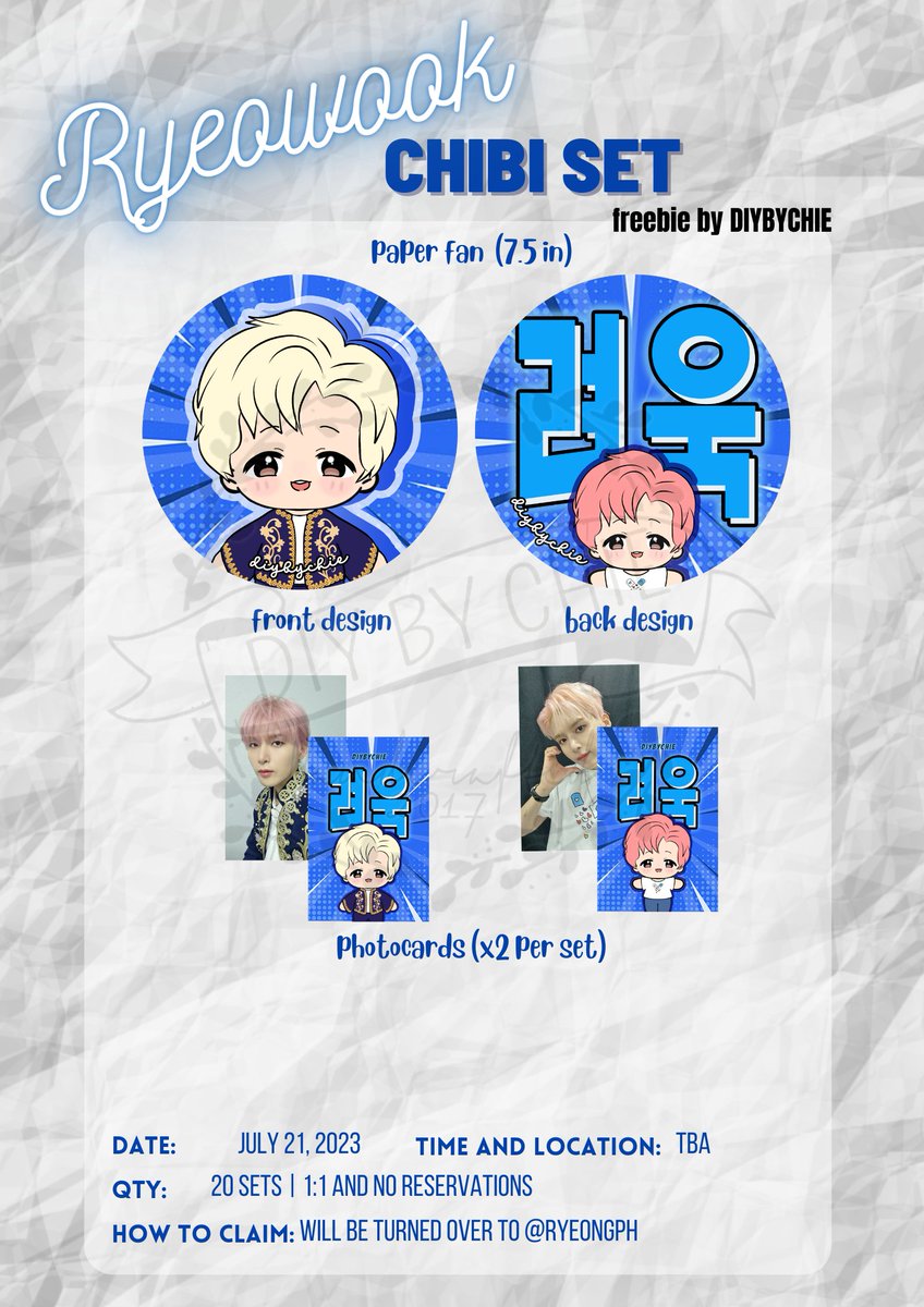 DIYbyChie's tweet photo. #Superjunior Fanparty Giveaway by DIYBYCHIE

For Ryeosomnias, get your chibi set to cheer on #Ryeowook! 

limited QTYs ^^ 
strictly 1:1 and no reservation

Set inclusion:
✅ round paper fan (no handle)
✅ 2 pc photocards

Head on over to @Ryeongph to get a set on D-Day! https://t.co/nWkZY7tuHm