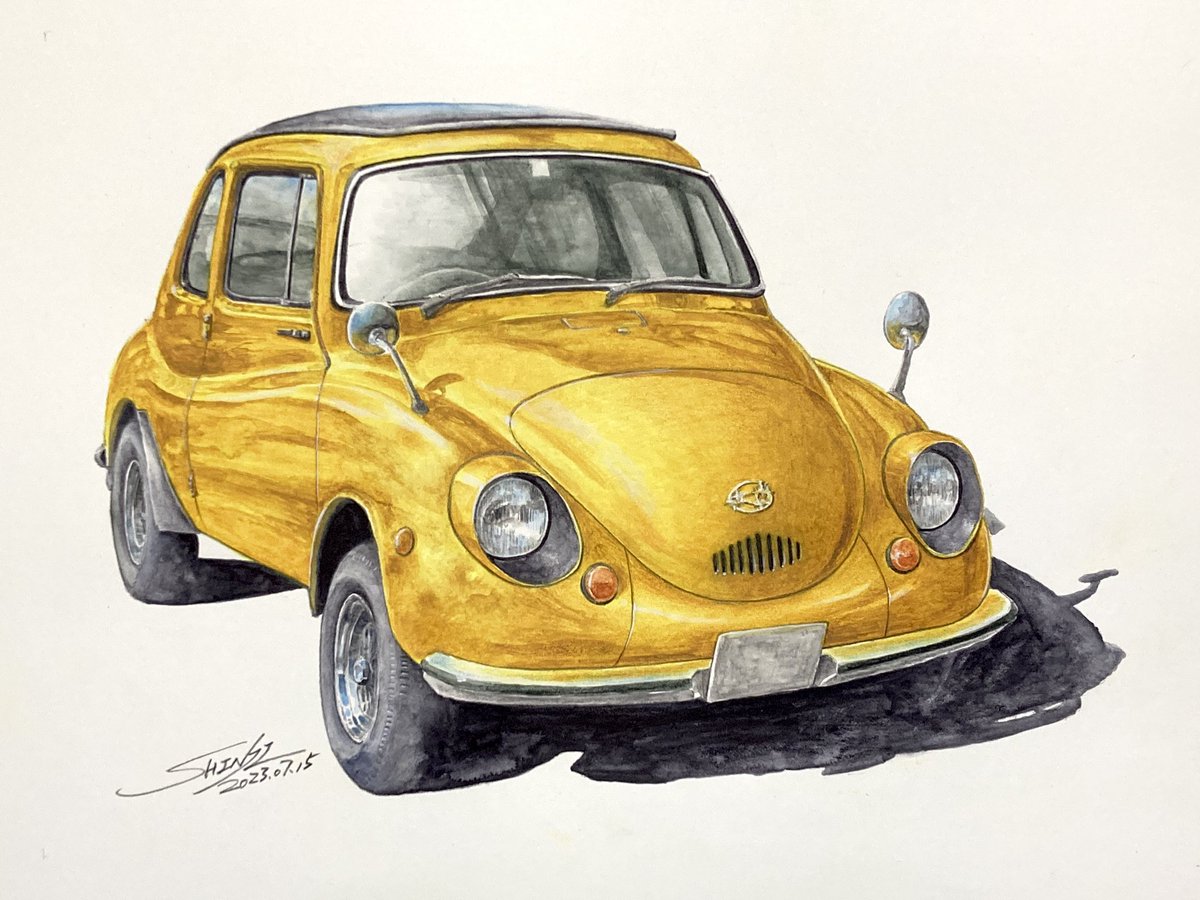 「古い軽自動車 完成! 車をインクテンスで全て描くのが実は初めてで、溶かした後の色」|シン@ぬり絵で身につく花と実の色えんぴつ技法のイラスト