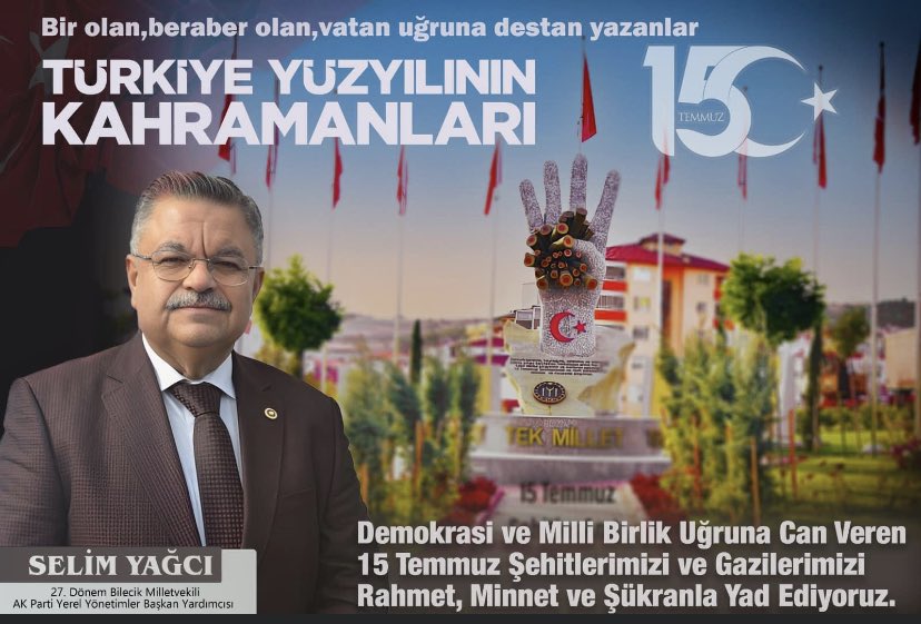 15 Temmuz gecesi canı pahasına demokrasimize sahip çıkan aziz milletimizin Demokrasi ve Milli Birlik Günümüzü tebrik ediyor, vatanımızın bağımsızlığı için toprağa düşmüş tüm şehitlerimize Allah'tan rahmetgazilerimize sağlık ve uzun ömürler diliyor,şükran ve minnetlerimi sunuyorum