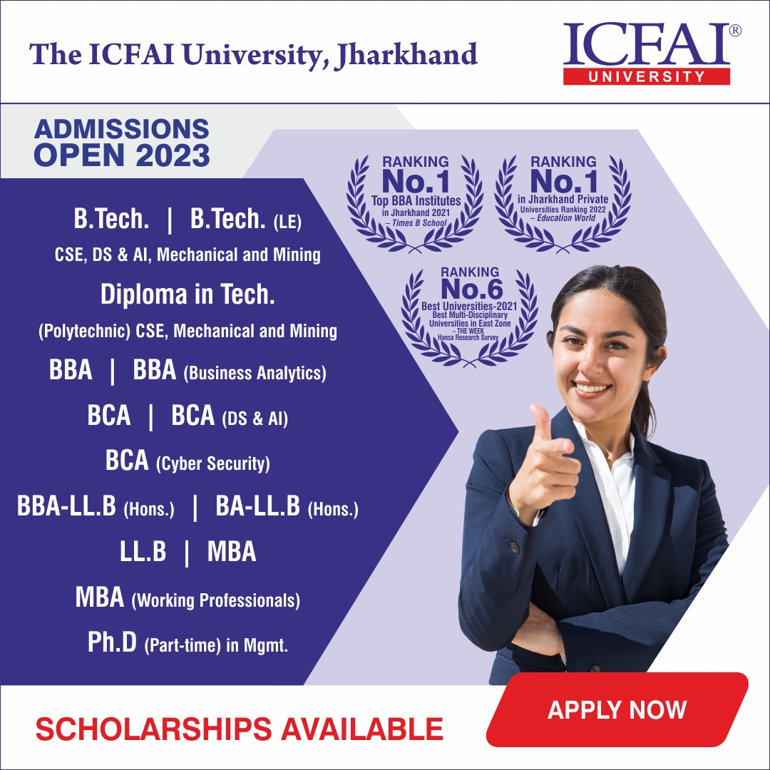 Admissions are open at ICFAI University, Jharkhand for UG, PG, and Ph.D. Campus-based Programs 2023.

Ranking No.1 in Jharkhand Private Universities Ranking 2022-Education World.

Apply Today: bit.ly/3myvsK0 

#ICFAIUniversityJharkhand #UGProgram #PGProgram #PhDProgram