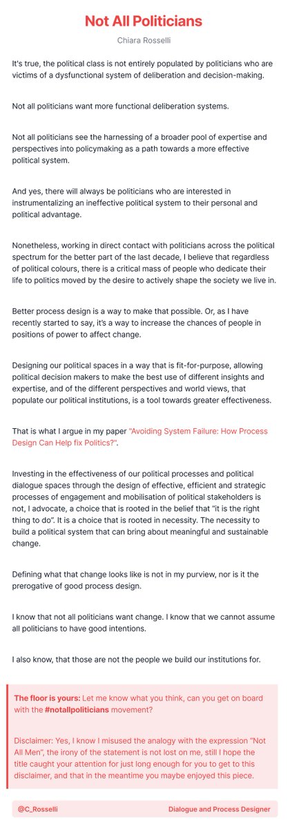 C_Rosselli's tweet photo. Thanks to a talk with brilliant colleague @thousandfriend, I got thinking about who it is that we have in mind when we are building our political institutions.
The result: this piece.
Let me know, can you get onboard with the #notallpoliticians movement? https://t.co/mJvkpWzFhE