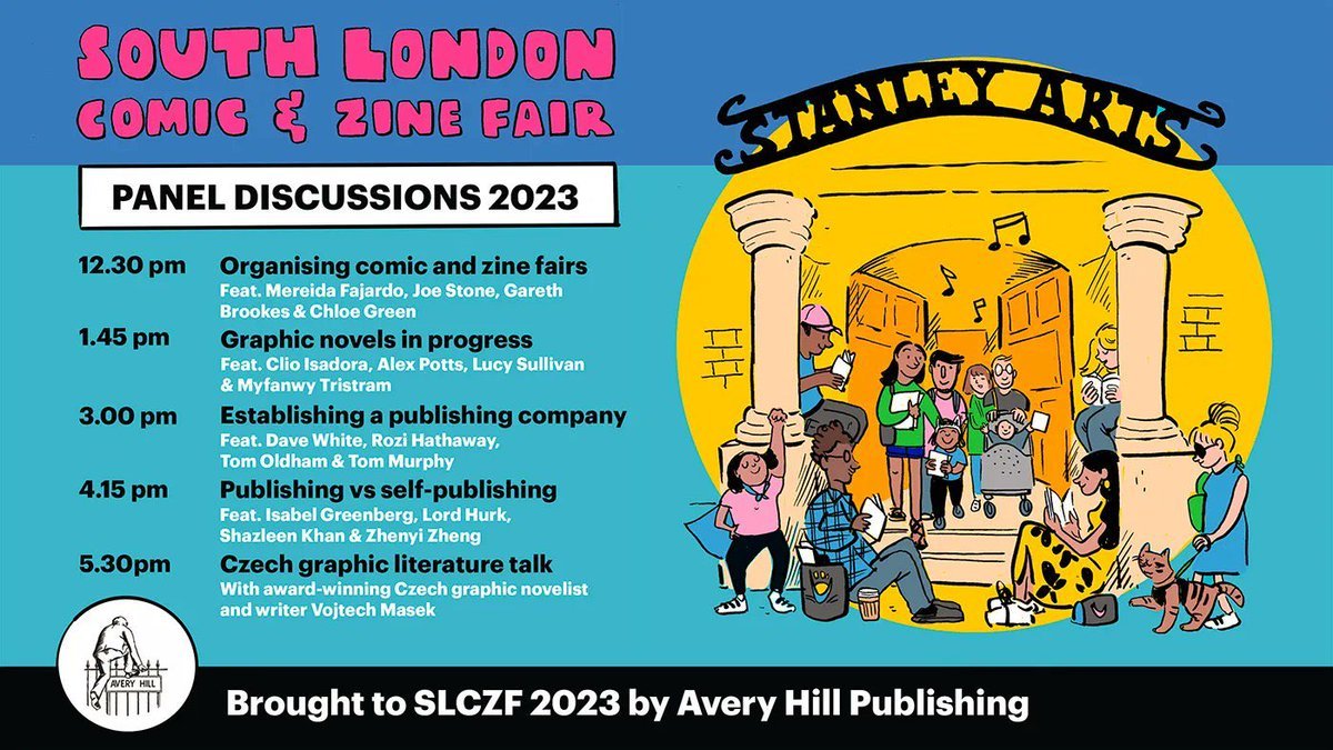 I'll be chatting away at @slczf tomorrow alongside super smart people Gareth Brookes, @okaychloegreen and @mereidasf about organising comic fairs. Come and listen to us at 12.30pm! And also come see me at the @WIP_Comics table in the society hall and buy stuff!