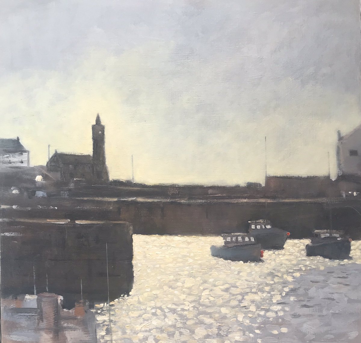 davidbeatsonart's tweet photo. “Late afternoon sun” oil on panel of Porthleven harbour looking towards the clock tower https://t.co/mncwZIh2Gx