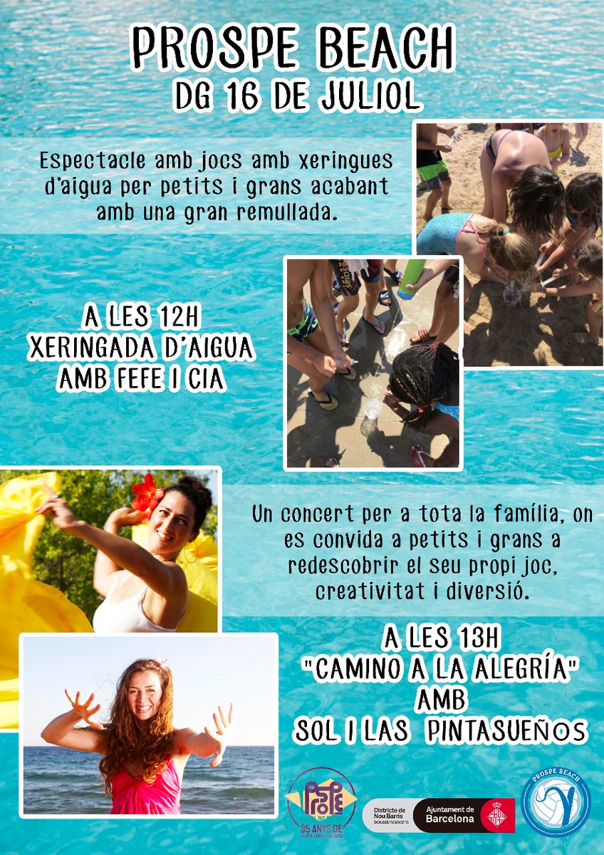 CasalBProspe's tweet photo. 📌 A causa de la sequera, enguany no hi haurà festa de l'escuma en el marc de #ProspeBeach, però podreu gaudir de 2 propostes familiars
🗓️ Diumenge 16/7
🕛 12 h, jocs amb xeringues d'aigua per a petits i grans, amb Fefe & Co.
🕐 13 h, concert familiar amb Sol y las Pintasueños https://t.co/qjyukHBBuf