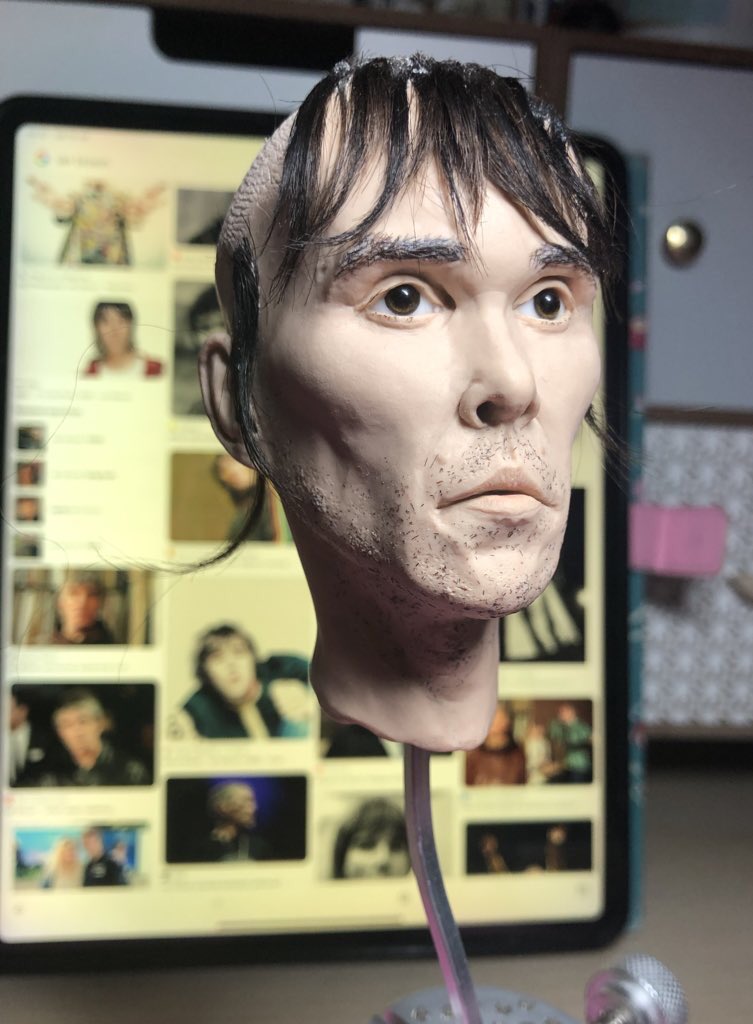 artyKathC's tweet photo. I had to restart his fringe and wait for new mohair to arrive that was the right texture- the other hair was too coarse to work with but this is perfect. I’ve also reshaped his head  because it looked too box shaped. @ianbrown https://t.co/eWOzn165dU