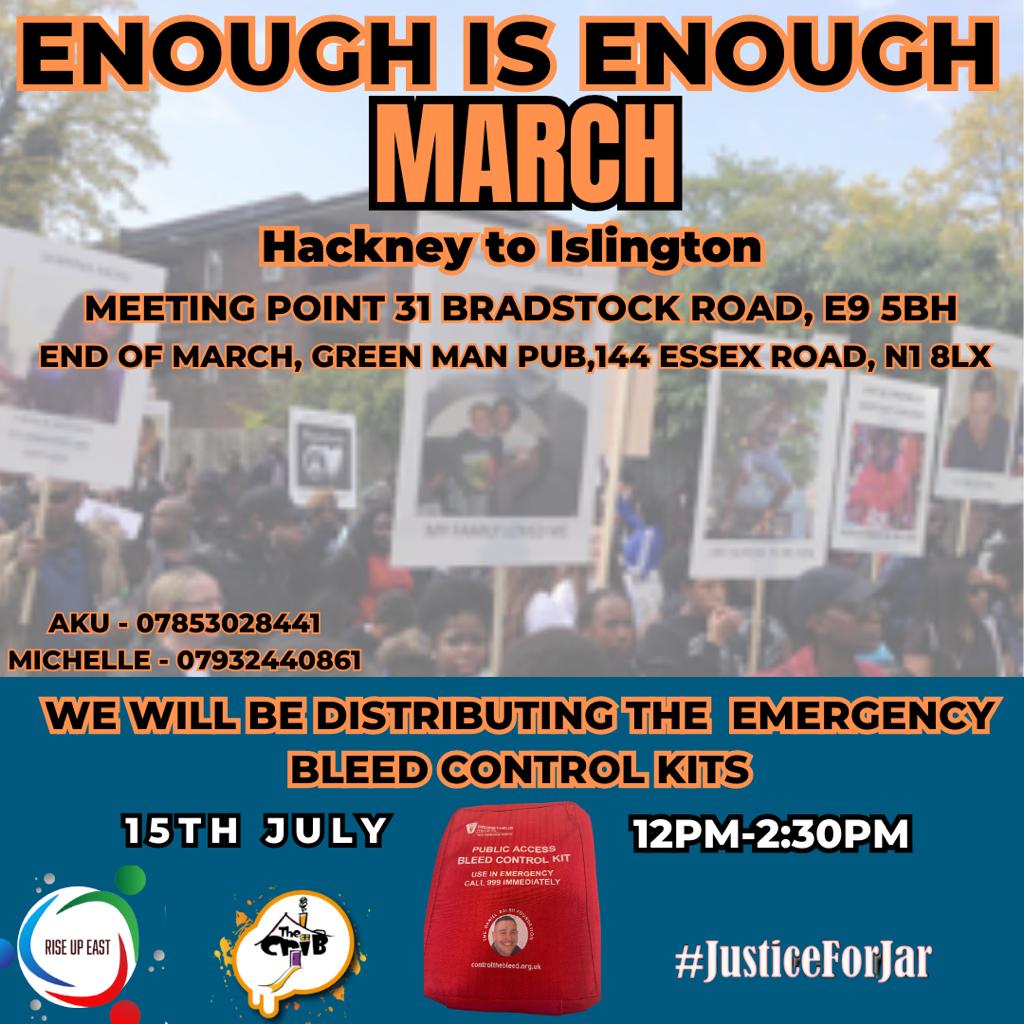 TheCharlieBurn2's tweet photo. Please join The Crib &amp; Rise up East **TODAY** at the 'Enough is Enough' March. From Hackney to Islington where they will be distributing bleed control kits #justiceforjar #riseupeast #thecrib #thecharlieburnsfoundation #bleedcontrol #KnifeCrime #guncrime #EnoughIsEnough https://t.co/pM19T8qk4a