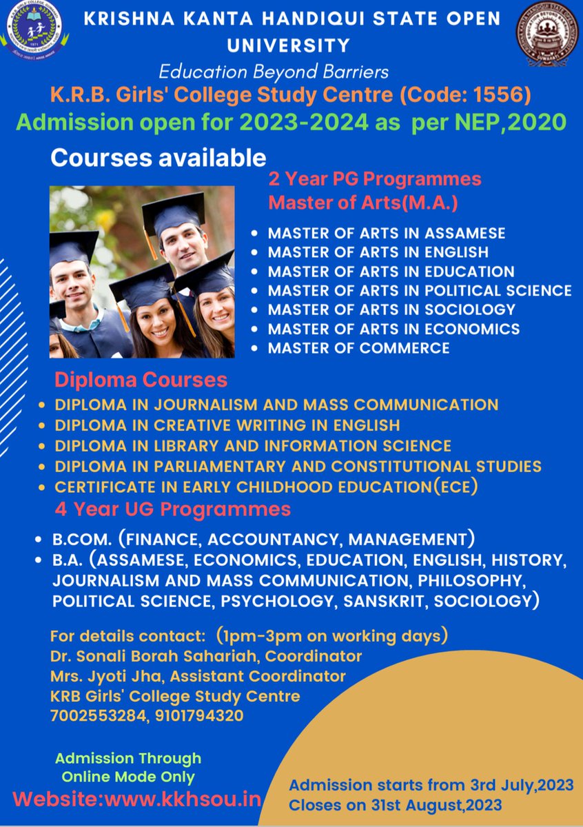 KRBGCollege's tweet photo. Admissions open for the 2023-24 session of #KKHSOU, K.R.B. Girls' College Study Centre! https://t.co/l9lOvq0OY9