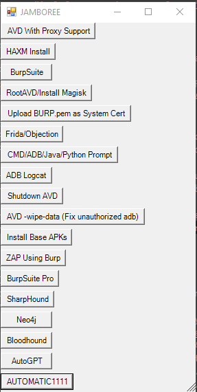 androidmalware2's tweet photo. JAMBOREE

Portable all in one tool to install essential Android tools (Java, Android tools, Magisk, BurpSuit, Objection, Root Emulator, Frida etc.) 
https://t.co/l9QOOY6Xw9 via @operat0r 

#pentest #BugBounty #android https://t.co/IuqUn1WYUa
