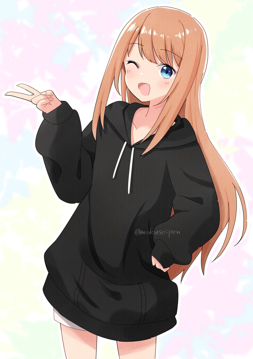 1girl one eye closed solo long hair blue eyes smile hood  illustration images