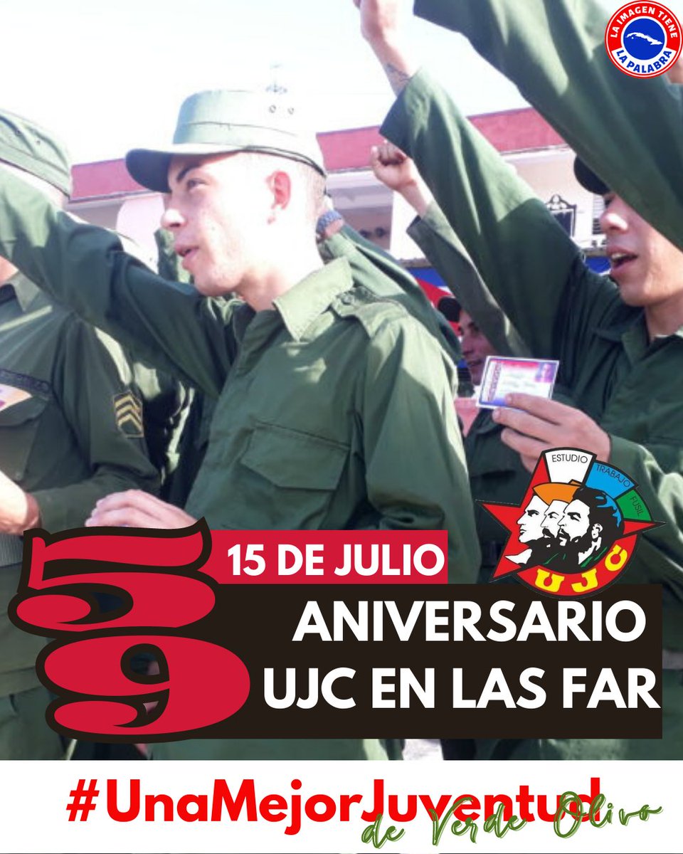 Al conmemorarse este 15 de julio el aniversario 59 del inicio de la construcción de la UJC en las #FARCuba, llegue a los militantes de esta organización de vanguardia una calurosa felicitación, con el regocijo de ser #UnaMejorJuventud de verde olivo.
#ConTodosLaVictoria