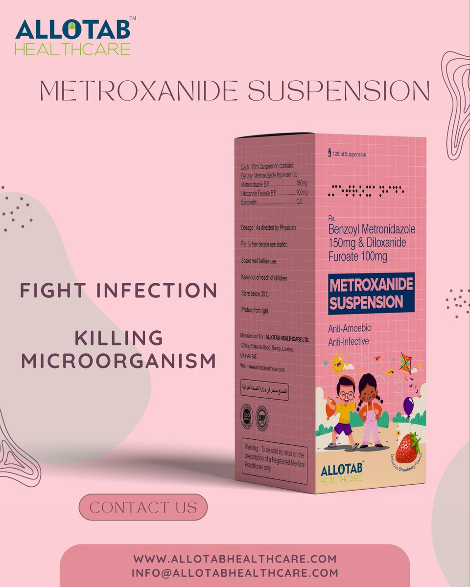 Metroxanide Suspension to Fight Infection.

info@allotabhealthcare.com
allotabhealthcare.com

#metroxanide #suspension #fight #infection #iraq #syria #southsudan #lebanon #ethiopia #jordan #colombia #mexico #latinamerica #pharmaexport #pharmaimport #medicineexport #healthcare