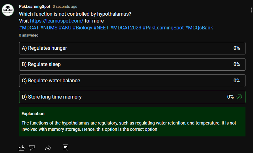 theplsacademy's tweet photo. Which function is not controlled by hypothalamus? Visit https://t.co/WlDpqLNfLv for more #MDCAT #NUMS #AKU #Biology #NEET #MDCAT2023 #PakLearningSpot #MCQsBank https://t.co/6UKImRX9Qf