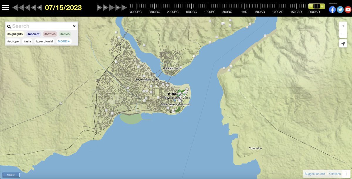 Şöyle harika bir site var, meraklıları için bırakayım.

runningreality.org/#01/01/665BC&4…

Haritadaki bir noktaya yakınlaşıp yukarıdaki zaman cetvelini oynatarak ilgili bölgenin tarihsel değişimini gözlemleyebiliyorsunuz. Mesela Byzantion için adım adım ilerletebilirsiniz. 
İlk görsel