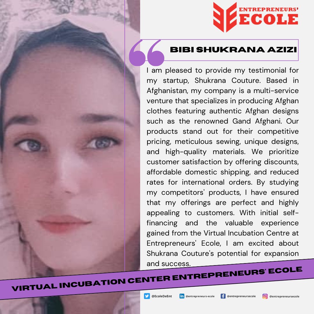 EcoleDeEnt's tweet photo. We are delighted to introduce BiBi Shukrana Azizi from Kabul, #Afghanistan, as one of our esteemed incubatees for the 2023 intake at Entrepreneurs' Ecole.
#VICEE #Incubatee #Virtual #Incubation #Startup #Entrepreneurs #Entrepreneurship #EntrepreneursEcole #Global https://t.co/J7ALHkDr4a