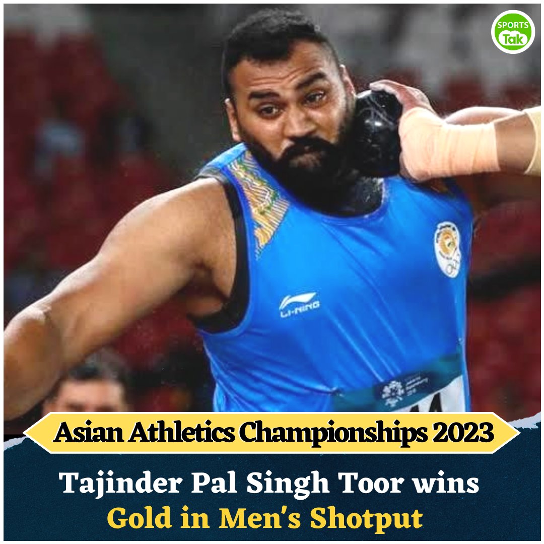 sports_tak's tweet photo. Asian Athletics Championships 2023: Tajinder Pal Singh Toor wins gold in men's shortput.

@Tajinder_Singh3 @afiindia 
#TajinderPalSinghToor #AsianAthleticsChampionships2023 #GoldMedal #Shortput #SportsTak https://t.co/qXk5rGHjnc