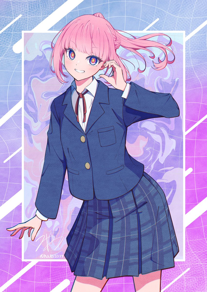 1girl pink hair skirt solo jacket smile school uniform  illustration images
