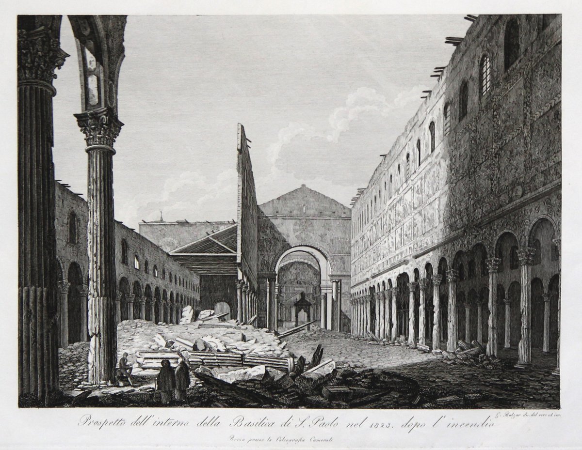 🔥La noche del 15 de julio de 1823 se produjo el incendio que destruyó la mayor parte de la basílica de San Paolo en la vía Ostiense. 🏦Las ruinas del enorme edificio paleocristiano atrajeron durante los días siguientes a un enorme número de curiosos.