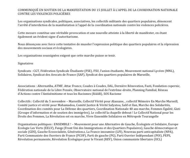 Communiqué en soutien de la manifestation du 15 juillet à l’appel de la Coordination nationale contre les violences policières 
Signé par le collectif La Chapelle debout