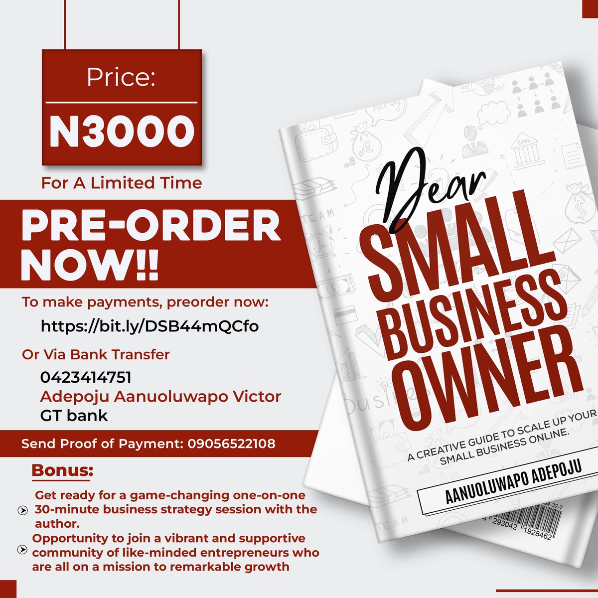 theiqmah_'s tweet photo. Here's an opportunity to equip yourself with the right knowledge and strategy for increased sales and profits. Seize it.
#DearSmallBusinessOwner by @AanuoluwapoAd17 is that book you need to scale up your small business online.
N3000, Pre-order -https://t.co/xXUskeo5yF https://t.co/f9JUfna4xp