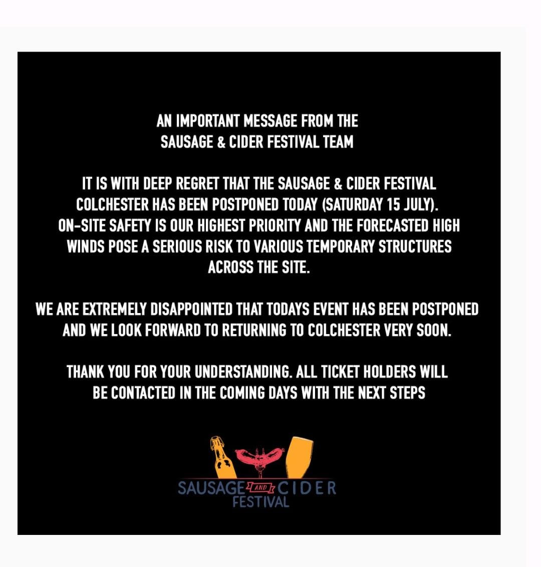 Wow. That was unexpected #Colchester <a href="/sausageandcider/">Sausage&Cider</a>! Only a few hours before it begins. Equipment failure? 😯